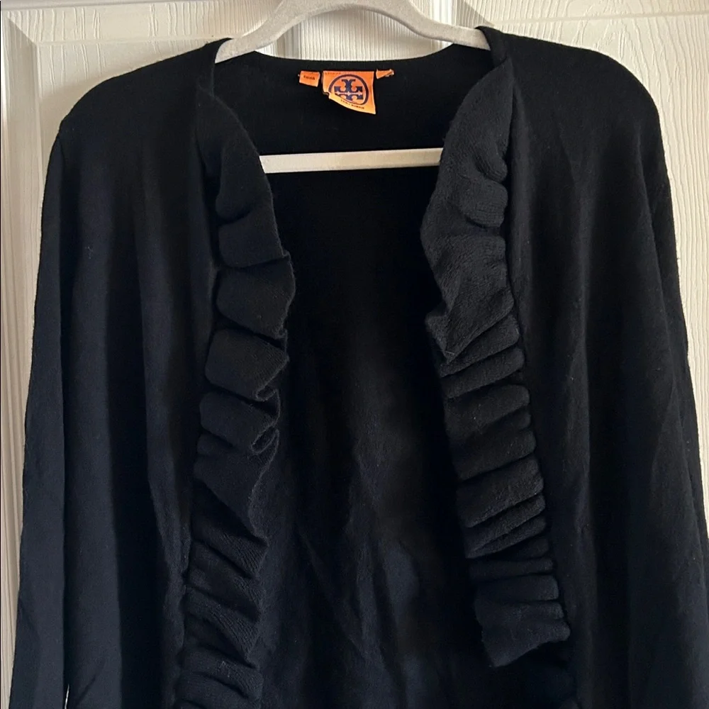 Tory Burch Black Merino Wool Ruffle Trim Open‎ Front Cardigan Sweater Sz Med